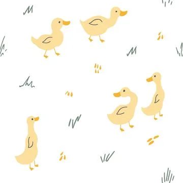 Cute Cartoon Duck Seamless Pattern, Vector Illustration Background 스톡 일러스트