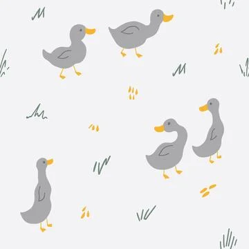 Cute Cartoon Duck Seamless Pattern, Vector Illustration Background 스톡 일러스트