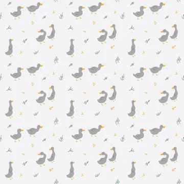 Cute Cartoon Duck Seamless Pattern, Vector Illustration Background 스톡 일러스트