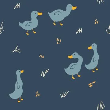 Cute Cartoon Duck Seamless Pattern, Vector Illustration Background 스톡 일러스트