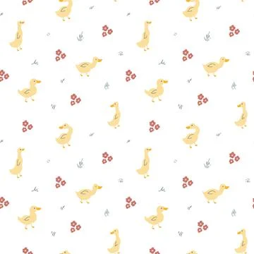 Cute Cartoon Duck Seamless Pattern, Vector Illustration Background 스톡 일러스트