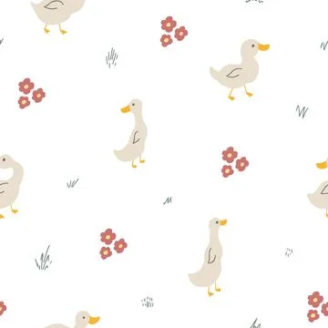 Cute Cartoon Duck Seamless Pattern, Vector Illustration Background 스톡 일러스트