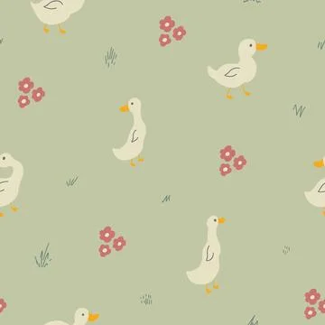 Cute Cartoon Duck Seamless Pattern, Vector Illustration Background 스톡 일러스트