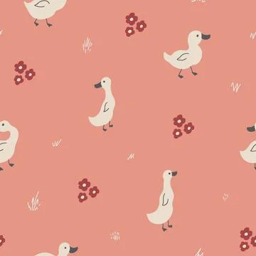 Cute Cartoon Duck Seamless Pattern, Vector Illustration Background 스톡 일러스트