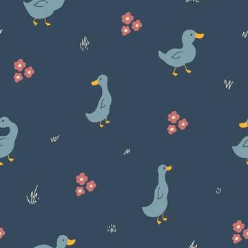Cute Cartoon Duck Seamless Pattern, Vector Illustration Background イラスト素材