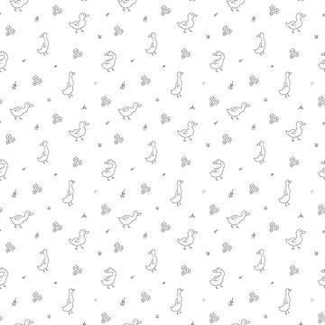 Cute Cartoon Duck Seamless Pattern, Vector Illustration Background 스톡 일러스트