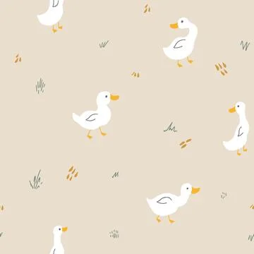 Cute Cartoon Duck Seamless Pattern, Vector Illustration Background 스톡 일러스트