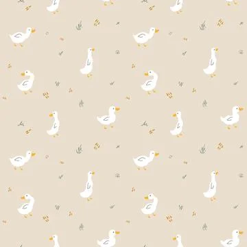 Cute Cartoon Duck Seamless Pattern, Vector Illustration Background 스톡 일러스트