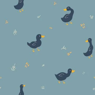 Cute Cartoon Duck Seamless Pattern, Vector Illustration Background Stock Illustration