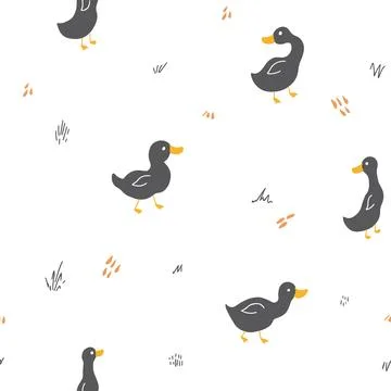 Cute Cartoon Duck Seamless Pattern, Vector Illustration Background 스톡 일러스트