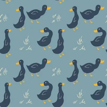 Cute Cartoon Duck Seamless Pattern, Vector Illustration Background 스톡 일러스트