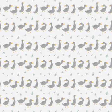Cute Cartoon Duck Seamless Pattern, Vector Illustration Background 스톡 일러스트