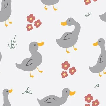 Cute Cartoon Duck Seamless Pattern, Vector Illustration Background Stock Illustration