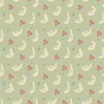 Cute Cartoon Duck Seamless Pattern, Vector Illustration Background 스톡 일러스트