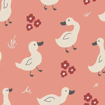 Cute Cartoon Duck Seamless Pattern, Vector Illustration Background 스톡 일러스트
