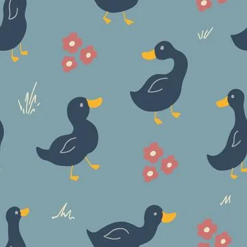 Cute Cartoon Duck Seamless Pattern, Vector Illustration Background 스톡 일러스트