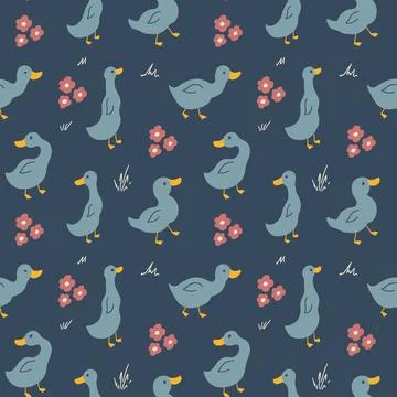 Cute Cartoon Duck Seamless Pattern, Vector Illustration Background Illustrazione stock