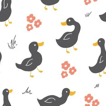 Cute Cartoon Duck Seamless Pattern, Vector Illustration Background Stock Illustration