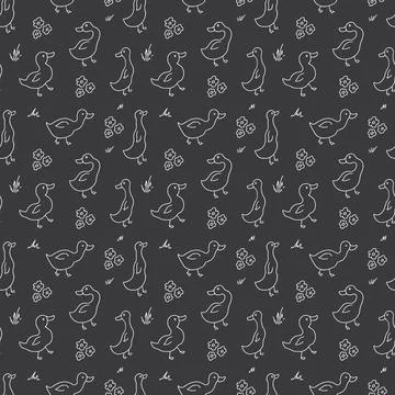 Cute Cartoon Duck Seamless Pattern, Vector Illustration Background 스톡 일러스트