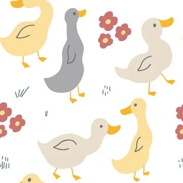 Cute Cartoon Duck Seamless Pattern, Vector Illustration Background Stock Illustration
