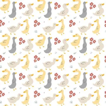 Cute Cartoon Duck Seamless Pattern, Vector Illustration Background Stock Illustration