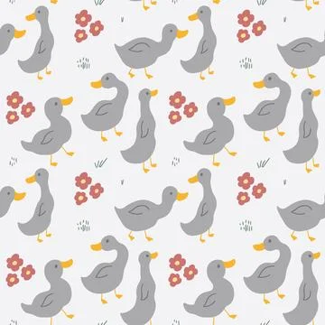 Cute Cartoon Duck Seamless Pattern, Vector Illustration Background 스톡 일러스트