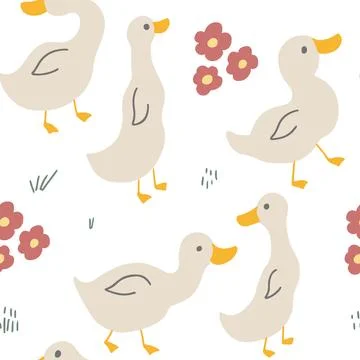 Cute Cartoon Duck Seamless Pattern, Vector Illustration Background 스톡 일러스트