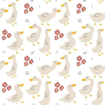 Cute Cartoon Duck Seamless Pattern, Vector Illustration Background Stock Illustration