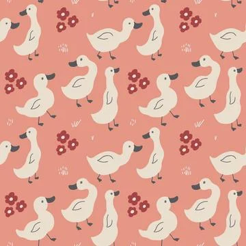 Cute Cartoon Duck Seamless Pattern, Vector Illustration Background 스톡 일러스트