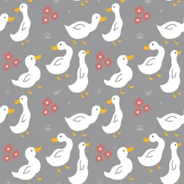 Cute Cartoon Duck Seamless Pattern, Vector Illustration Background 스톡 일러스트