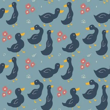 Cute Cartoon Duck Seamless Pattern, Vector Illustration Background 스톡 일러스트