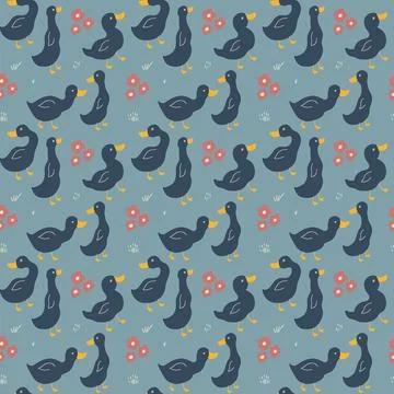 Cute Cartoon Duck Seamless Pattern, Vector Illustration Background 스톡 일러스트