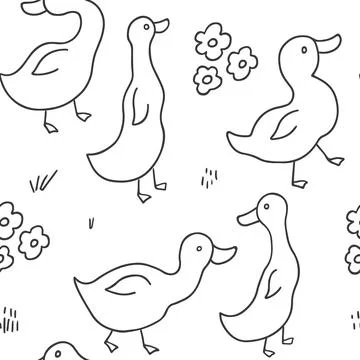 Cute Cartoon Duck Seamless Pattern, Vector Illustration Background 스톡 일러스트