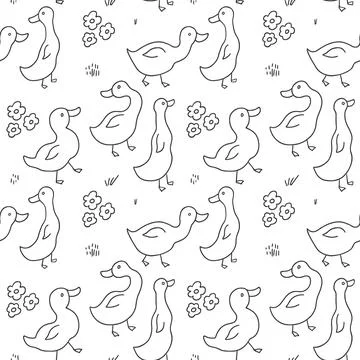 Cute Cartoon Duck Seamless Pattern, Vector Illustration Background 스톡 일러스트