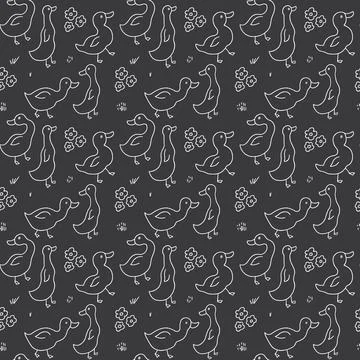 Cute Cartoon Duck Seamless Pattern, Vector Illustration Background 스톡 일러스트