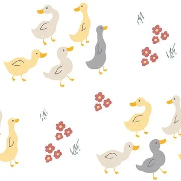 Cute Cartoon Duck Seamless Pattern, Vector Illustration Background 스톡 일러스트