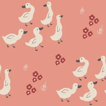 Cute Cartoon Duck Seamless Pattern, Vector Illustration Background 스톡 일러스트
