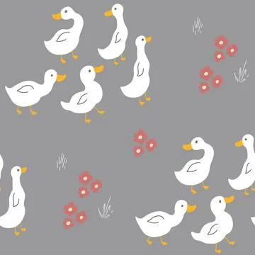 Cute Cartoon Duck Seamless Pattern, Vector Illustration Background 스톡 일러스트