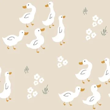 Cute Cartoon Duck Seamless Pattern, Vector Illustration Background Stock Illustration