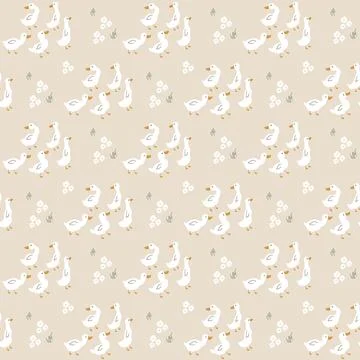 Cute Cartoon Duck Seamless Pattern, Vector Illustration Background 스톡 일러스트