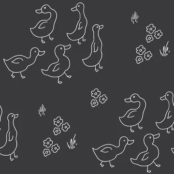 Cute Cartoon Duck Seamless Pattern, Vector Illustration Background 스톡 일러스트