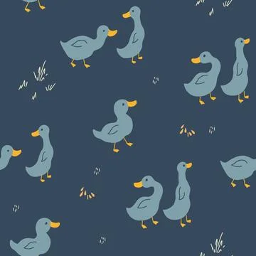Cute Cartoon Duck Seamless Pattern, Vector Illustration Background 스톡 일러스트