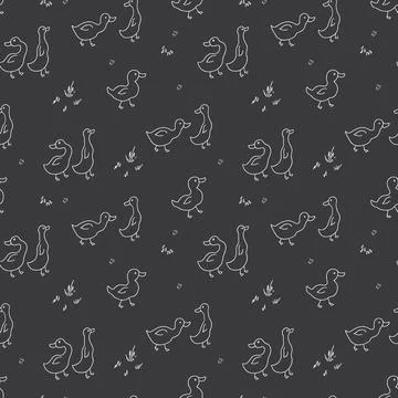 Cute Cartoon Duck Seamless Pattern, Vector Illustration Background 스톡 일러스트