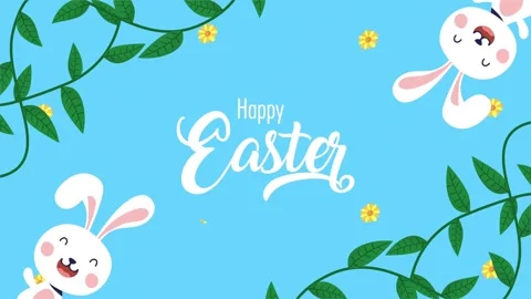 Cute cartoon easter bunnies and flowers appear on blue background with happ.. Stock-Footage 338421103