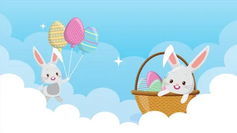 Cute cartoon easter bunnies with colorful egg balloons and basket flying in.. Stock-Footage 338312657