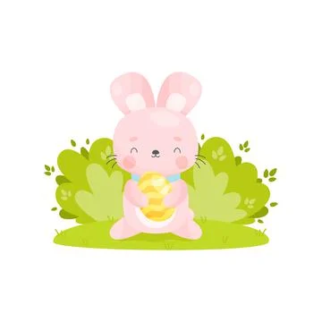 Cute cartoon Easter bunny with big yellow Easter egg. Vector illustration. 库存插图