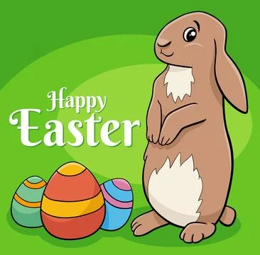 Cute cartoon Easter Bunny with colored eggs greeting card Stock Illustration