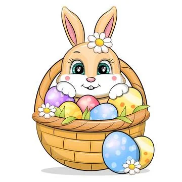 A cute cartoon Easter bunny with Easter eggs in the Basket. Stock Illustration