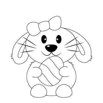 Cute cartoon Easter Bunny with Egg. Draw illustration in black and white Stock Illustration