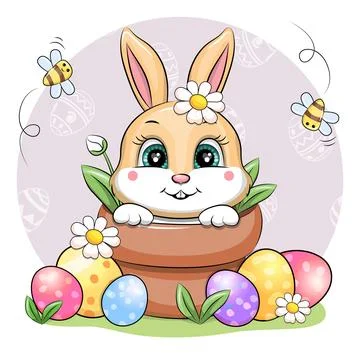 A cute cartoon Easter bunny in the flowerpot with Easter eggs. Stock Illustration